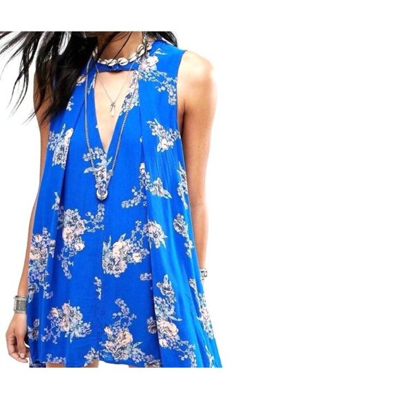 Free People Blue Floral Mini Trapeze Swing S Boho Cottagecore Festival Indie SEE - Picture 1 of 13